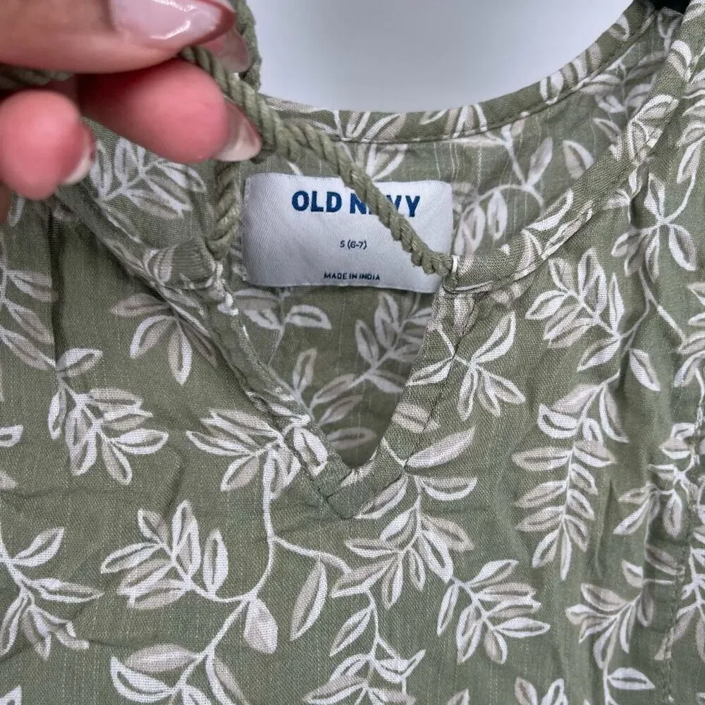 Old Navy Girl’s Olive Floral Tie-Neck Tiered-Hem Cotton Boho Blouse Size 6/7